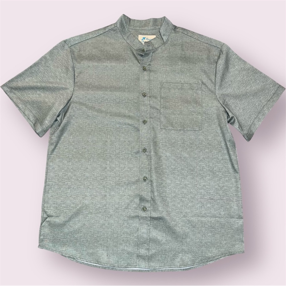 Royaura Hawaiian Shirt Banded Collar Mens Large Green Button Down Short Sleeve